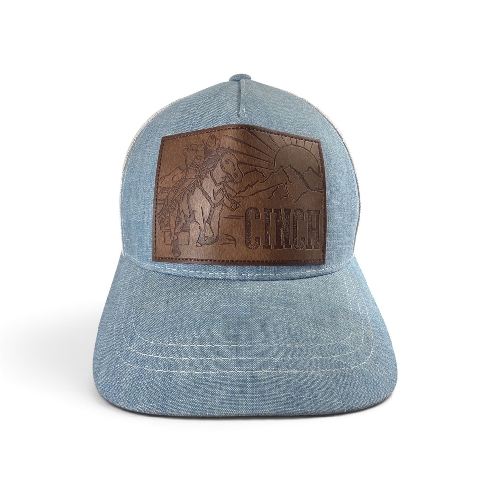 Cinch Trucker Hat Men One Size Blue Denim Leather Patch Cowboy Mesh Snapback